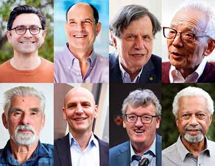 A combination image shows the eight winners of the 2021 Nobel Prizes in medicine, chemistry, physics and literature